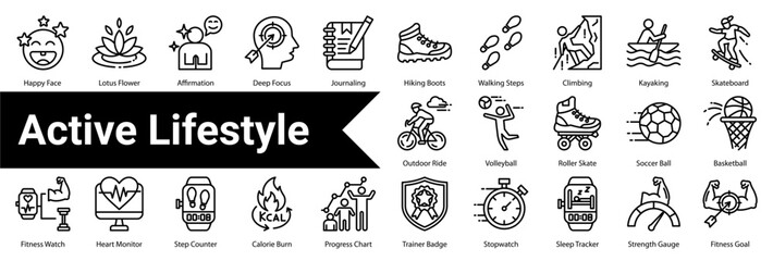 Obraz premium Active Lifestyle Icon Collection and Set Containing: Dumbbell Lift ,Running Person ,Yoga Pose ,Bicycle Ride ,Swimming Stroke ,Jump Rope ,Stretching ,Treadmill Run ,Boxing Gloves