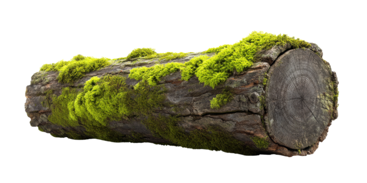 Moss covered log resting on transparency background, showcasing natural beauty of wood and greenery, evoking sense of tranquility and nature