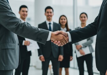Fototapeta premium Business Handshake with Man in Grey Suit and Blurred Standing Colleagues Behind