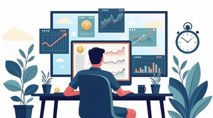 A person studying stock trading alone in a cozy home office, analyzing multiple trading charts and market data on their computer screen.