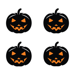 Four Black Halloween Pumpkin Illustrations with Orange Smiling Faces and Stems