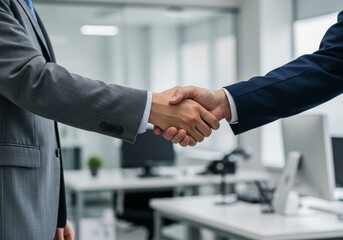 Business Handshake with Man in Grey Suit and Blurred Workstation Background