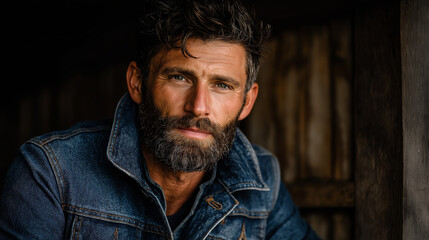 Fototapeta premium Rugged Individual in Rustic Setting: Portrait of a strong, mature individual with a weathered beard and denim jacket.