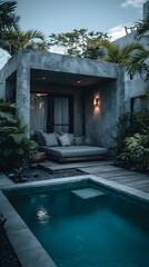 Private outdoor pool and lounge area of a modern villa.