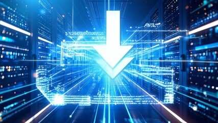 Abstract Server Room Visualization with Data Transfer Download Icon. - Powered by Adobe