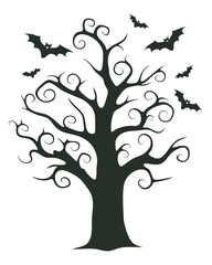 Obraz premium Spooky Tree Silhouette with Bats Halloween Illustration