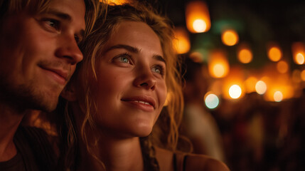 Embracing Light: A captivating couple gazes upwards, immersed in the ethereal glow of hanging lanterns, an intimate moment of connection and contemplation.