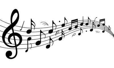 A musical staff with a treble clef and various notes flowing across a white background design element