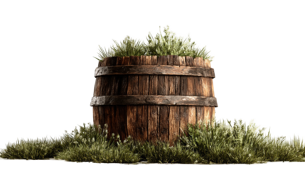 Wooden barrel surrounded by greenery