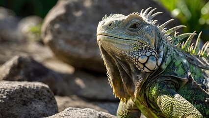 Obraz premium Close-Up of Green Iguana on Rocks – Exotic Reptile Wildlife in Natural Habitat