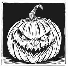 Spooky Halloween Pumpkin with Intricate Carving in Woodcut Style