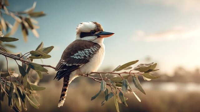 A stunning kookaburra perched gracefully on a branch bathed in soft sunlight.