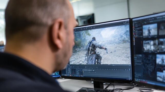 A man intently focuses on a video game displayed on multiple computer screens, likely in a video editing or game development environment.