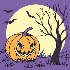 Halloween Night Scene with Pumpkin Bats and Spooky Tree
