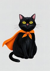 Fototapeta premium Cute Black Cat Wearing an Orange Superhero Cape and Scarf, Sitting Against a White Background