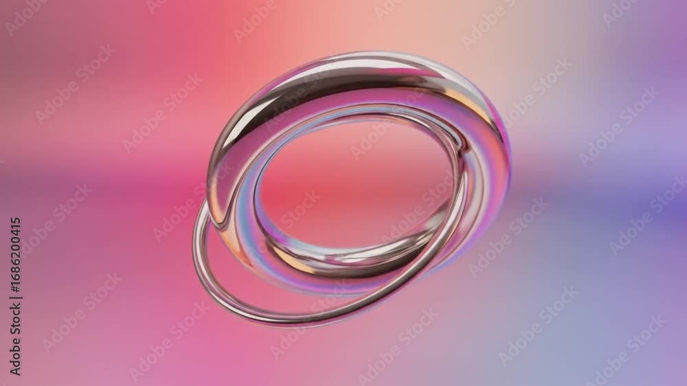 Poster captivating abstract animation: silver rings intertwine on gradient pink background looping