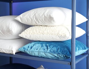 Pillows stacked on blue shelves