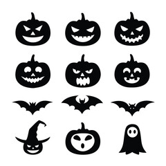 Obraz premium Halloween Spooky Icons with Pumpkins, Bats, Witch Hat, and Ghost