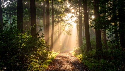 Fototapeta premium Sunbeams Illuminating a Misty Forest Path