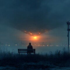 Man sitting on bench watching alien attack in futuristic city, sci-fi invasion and extraterrestrial concept art