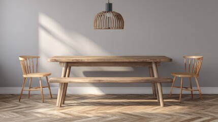 Minimalist Wooden Dining Table with Two Chairs and Pendant Light in Modern Interior