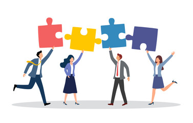 Team building. Businesspeople connecting jigsaw puzzle elements vector illustration in flat design. Symbol of teamwork, cooperation, partnership.
