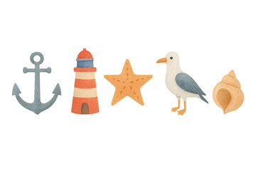 Coastal collection of nautical elements with a seagull, anchor, and lighthouse