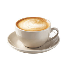 A delicious frothy cappuccino in a white ceramic cup and saucer isolated on transparent background