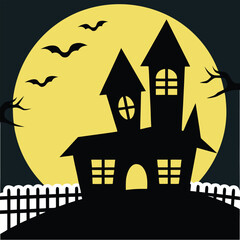 Spooky Halloween Haunted House with Bats and Full Moon Vector Illustration