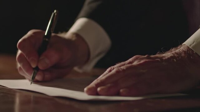 Hands in dark suit writing on paper with a pen