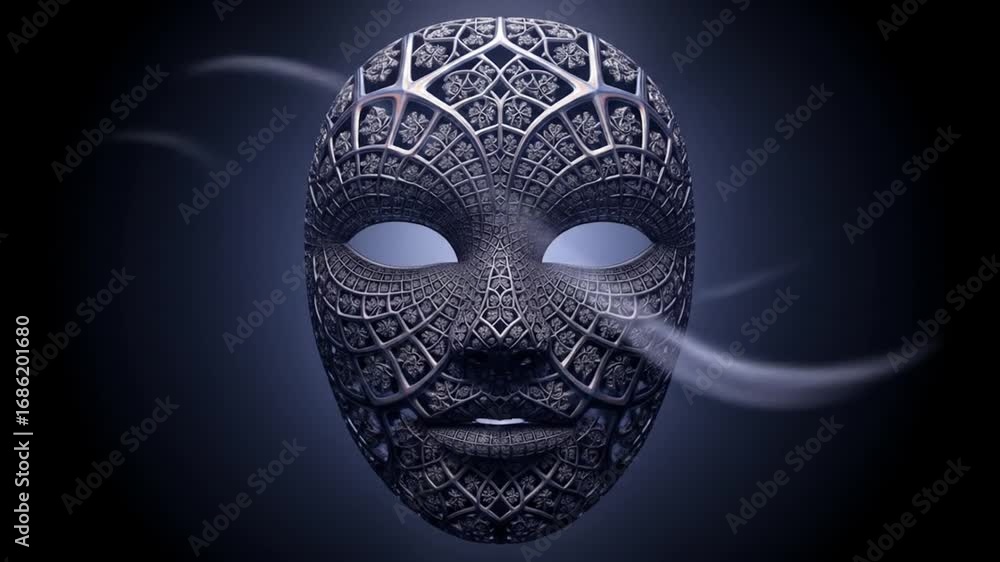 Aufkleber abstract mask with intricate patterns floating on dark background with subtle smoke