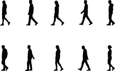Walking people silhouette collection, man and woman side view, casual walking pose, human motion vector, flat vector illustration