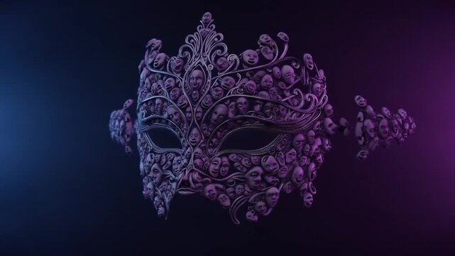 Mysterious Venetian mask adorned with faces against glowing neon background animation