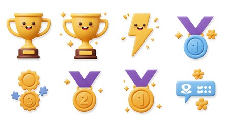 A collection of 3D cartoon-style award icons, including trophies, medals, and achievement symbols.