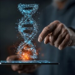 Doctor using digital tablet with electronic medical record, DNA, futuristic healthcare technology, virtual interface, and medical innovation concept