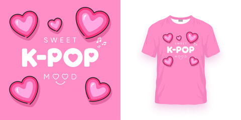 Sweet K-POP Mood pink t-shirt design, Korean pop creative girls symbol, Kawaii print for K-POP fans, Vector illustration