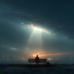 Man sitting on bench watching alien attack in futuristic city, sci-fi invasion and extraterrestrial concept art