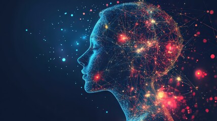 Artificial intelligence woman with glowing network connections and data streams in a virtual reality world