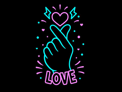 Korean finger heart neon Love vector symbol, Finger love icon, K-POP colorful sign design, Kawaii K-POP print for fans, cute cartoon vector illustration
