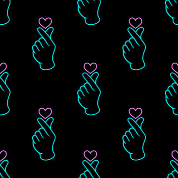 Korean finger heart seamless neon pattern, Finger love symbol background, K-POP colorful neon sign, Kawaii K-POP print for fans, cute cartoon neon vector illustration