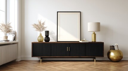Modern Black Sideboard with Gold Handles Decorated with Vases and Lamp in Minimalist Living Room