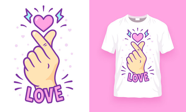 Korean finger heart love symbol print, girls graphics, Finger love icon t shirt design, Kawaii K-POP print for fans, cute cartoon t-shirt print, Vector illustration