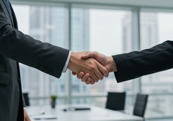 Realistic Close-up Handshake of Grey Suit Man in Blurred City Office Interior