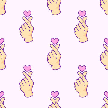Korean finger heart seamless pattern, Finger love symbol background, K-POP colorful seamless pattern, Kawaii K-POP print for fans, cute cartoon Vector illustration