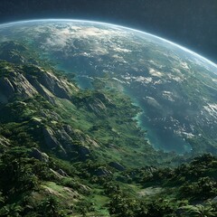 Green planet in outer space with glowing atmosphere, cosmic galaxy background and futuristic astronomy concept