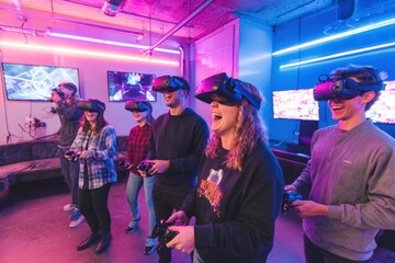 A group of people wearing VR headsets, engaged in a virtual reality experience, enjoying gaming.