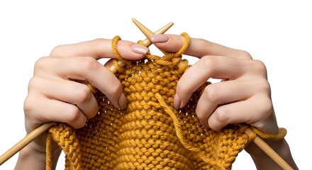 Skilled hands knitting vibrant mustard yellow yarn with wooden needles, isolated on white & transparent background. Perfect for craft blogs, DIY tutorials, hobby website headers,