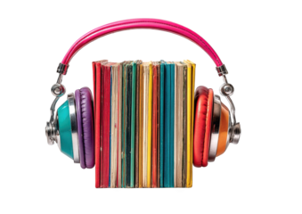Headphones resting on colorful vinyl records
