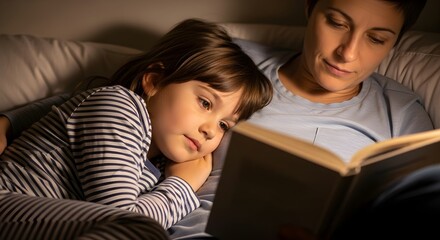 Mother and daughter sharing a cozy bedtime story moment.