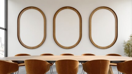 Modern Conference Room with Wooden Oval Mirrors and Brown Chairs